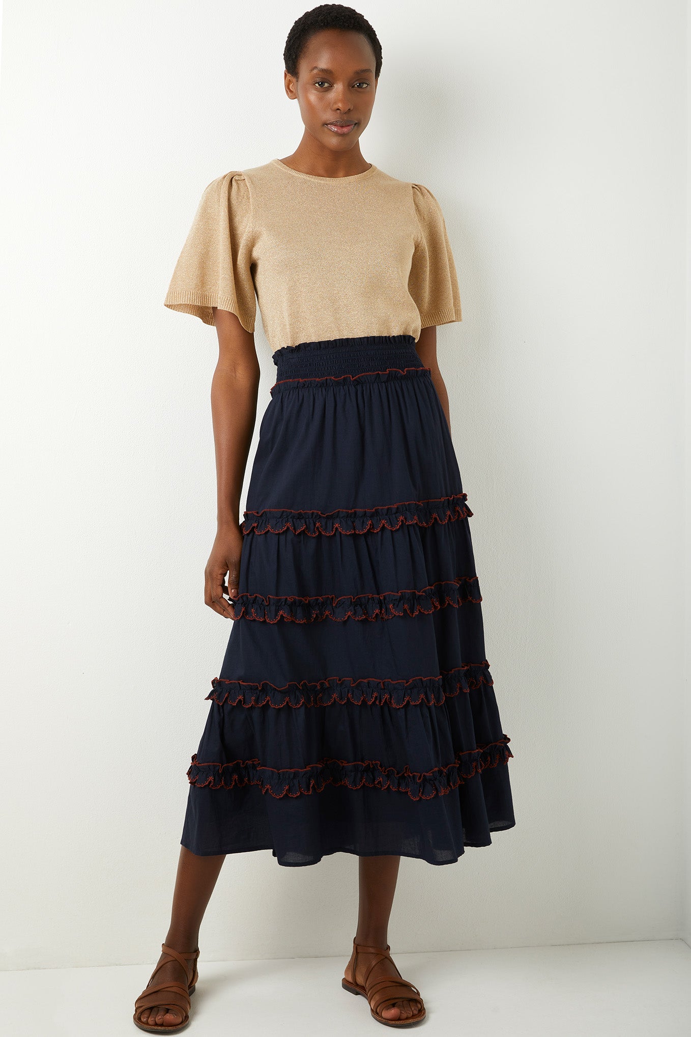 Cynthia Contrast Scallop Skirt - Navy/Tan