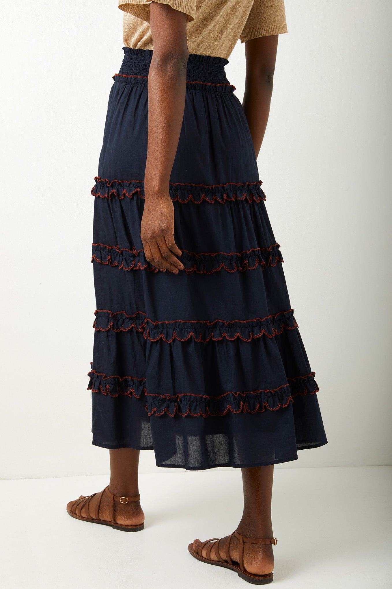 Cynthia Contrast Scallop Skirt - Navy/Tan