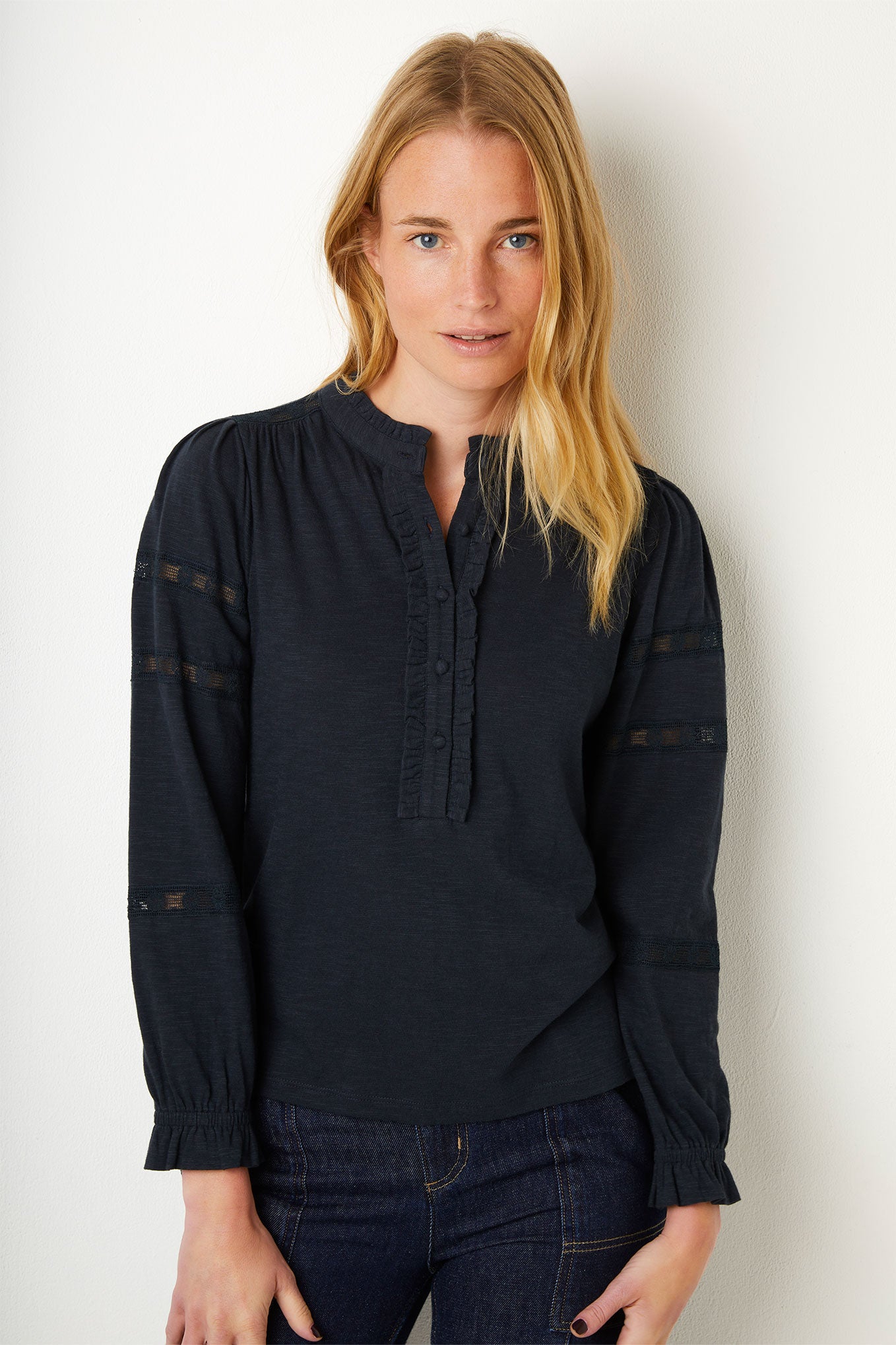 Ella Embroidered Jersey Blouse - Navy