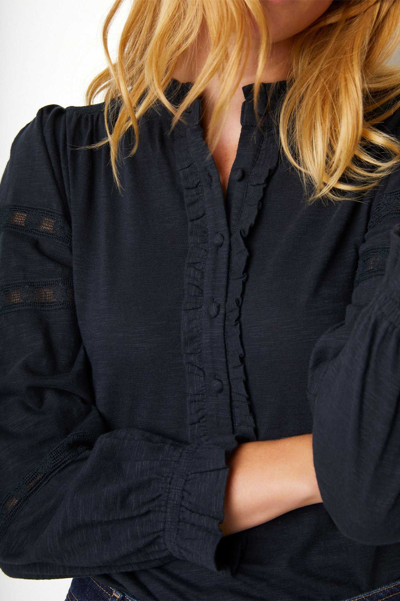 Ella Embroidered Jersey Blouse - Navy