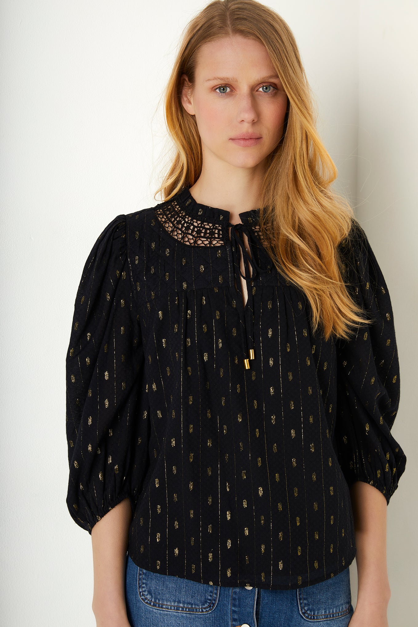 Fran Cotton Dobby Blouse - Black/Gold