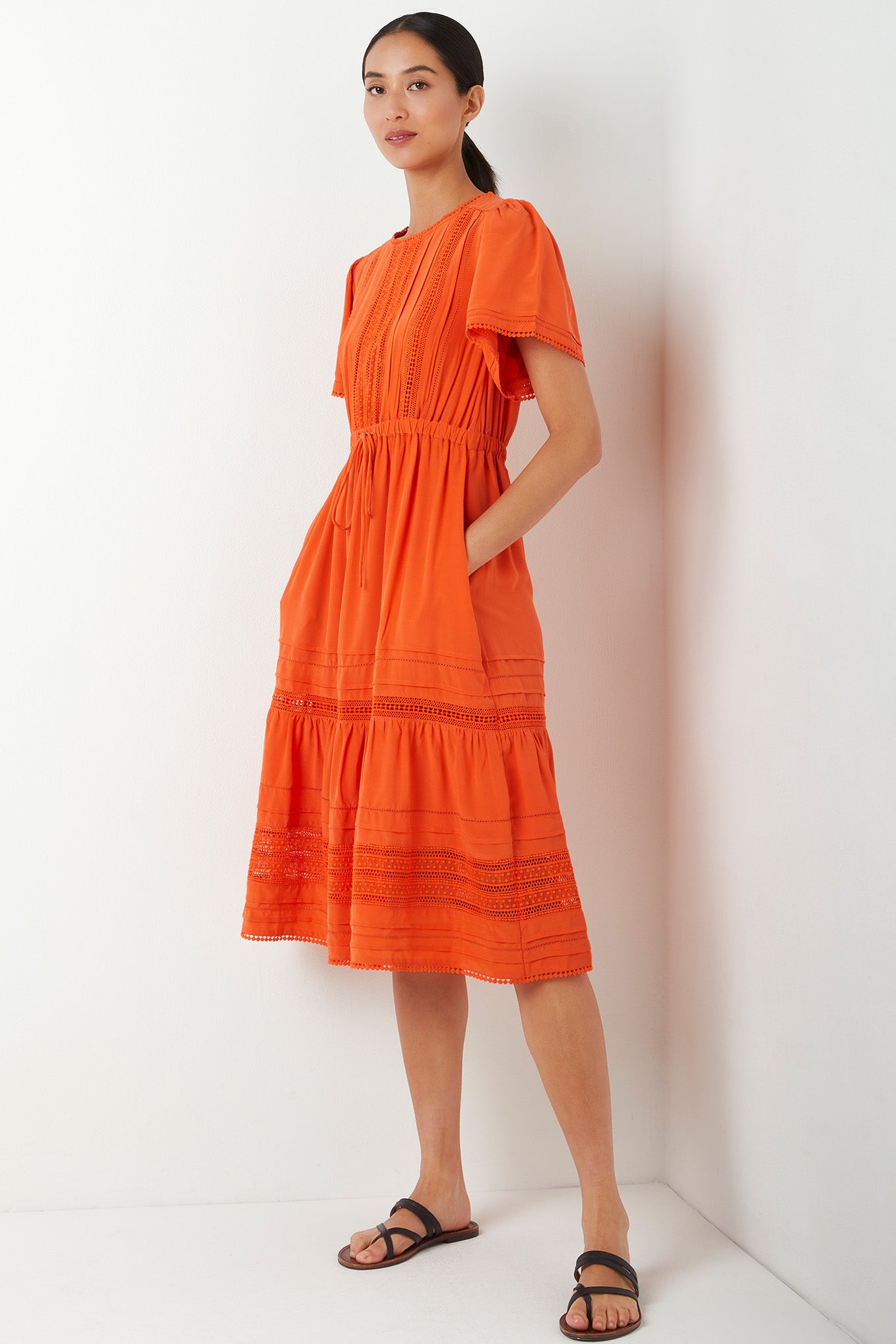 Layna Lace Trim Silk Dress - Orange