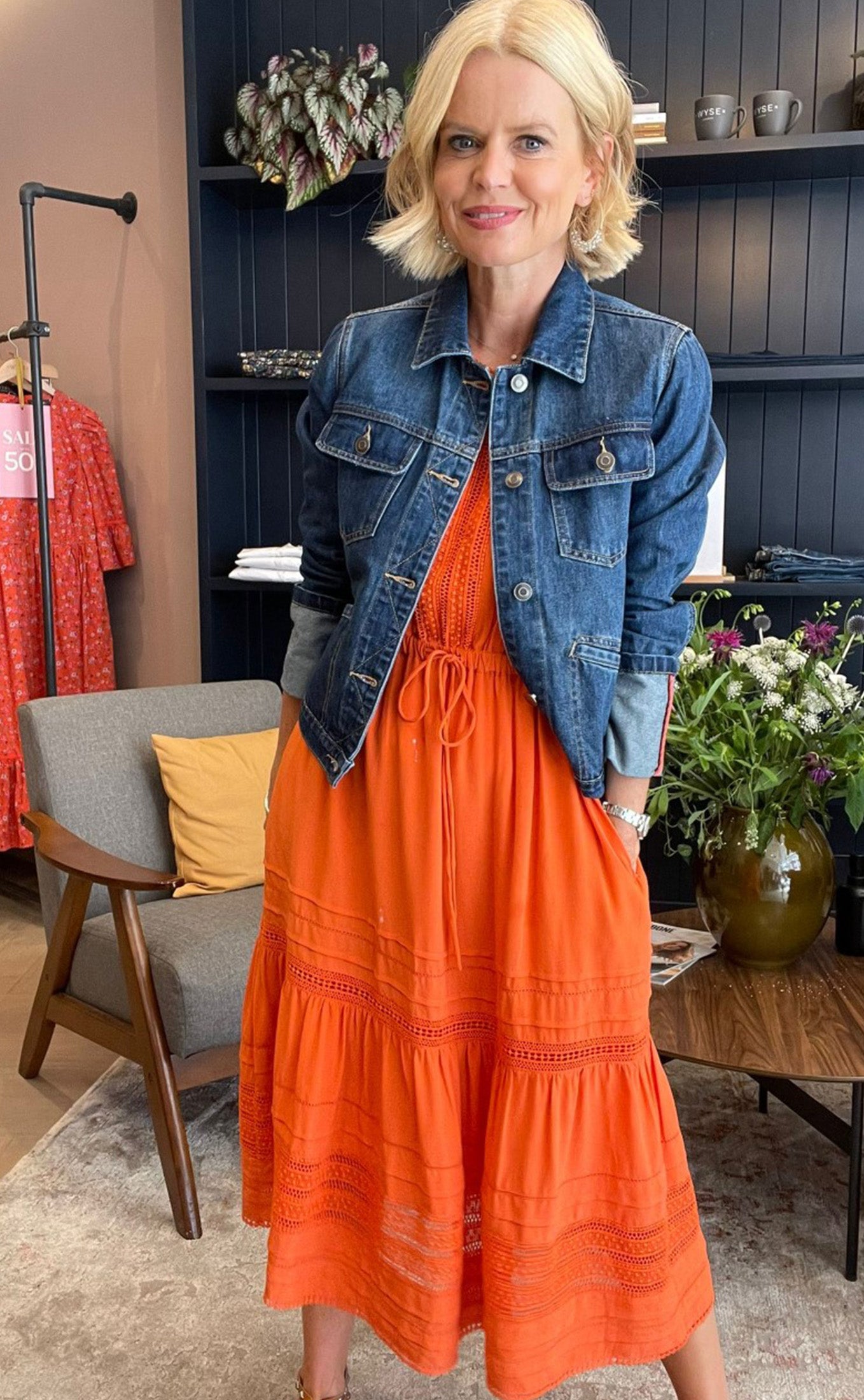 Orange dress with 2025 denim jacket