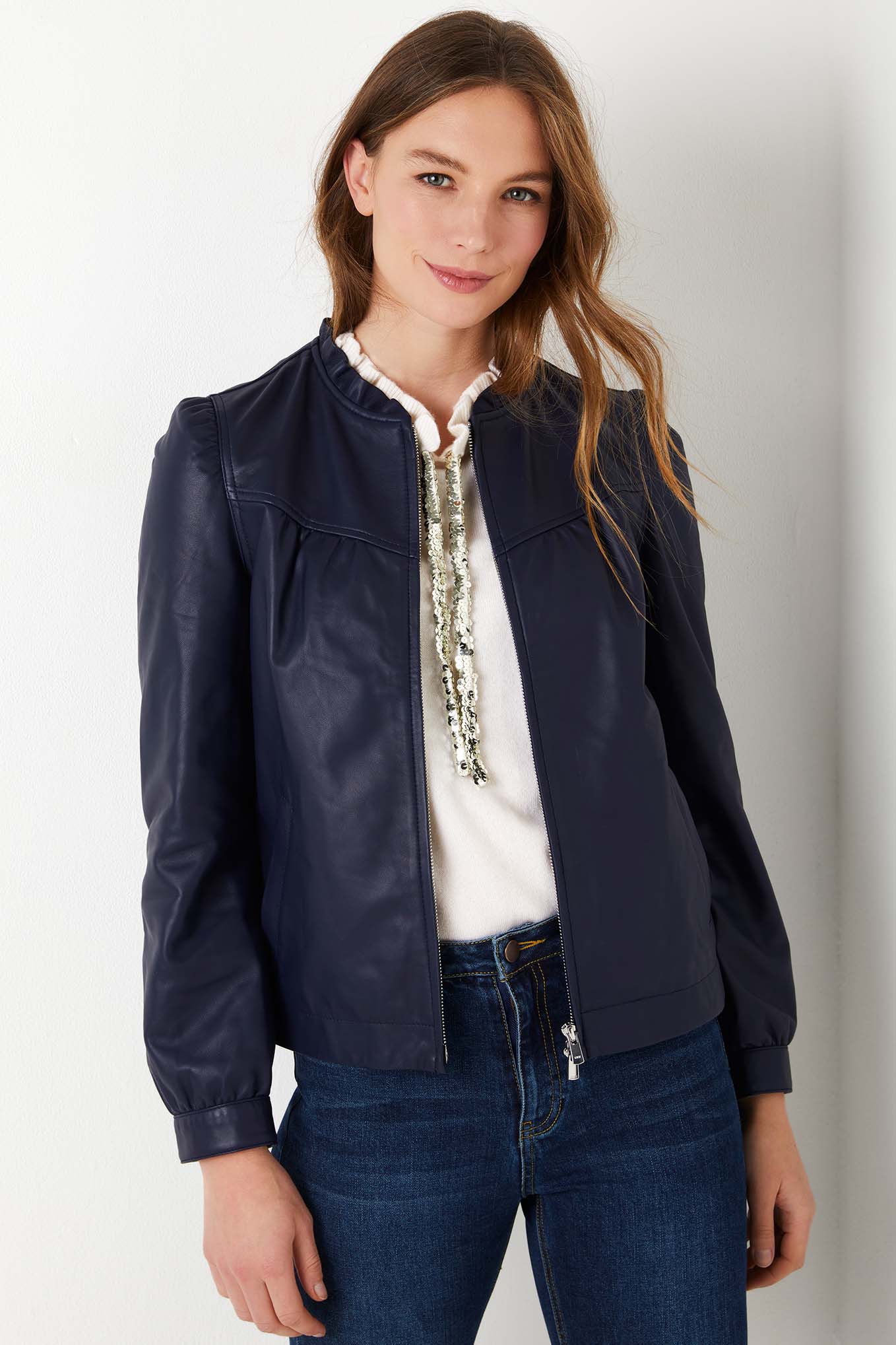 Lyra Leather Bomber - Navy