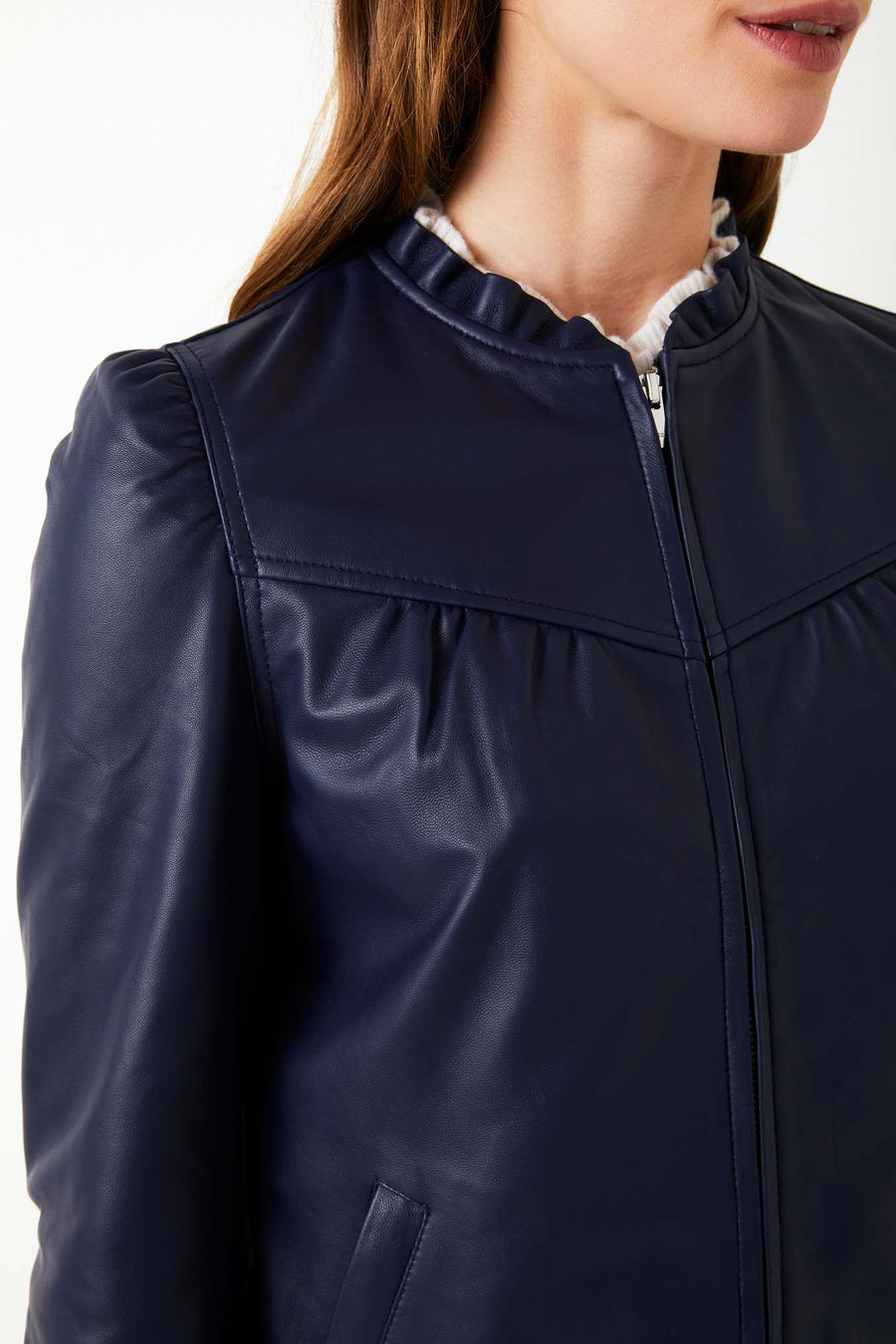 Lyra Leather Bomber - Navy