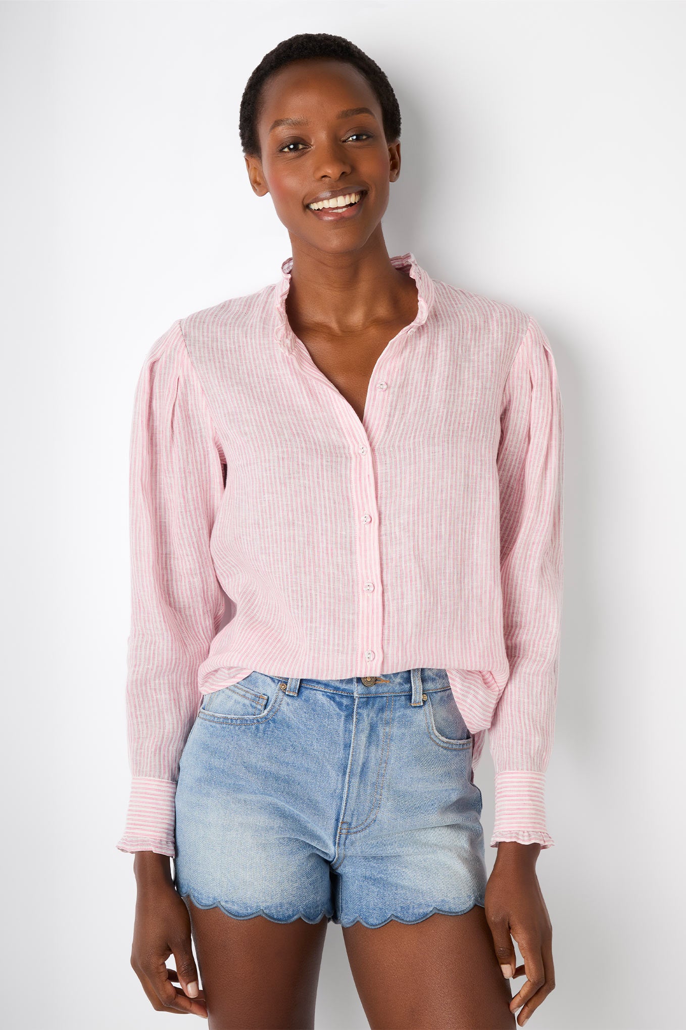 Paris Linen Stripe Frill Shirt - Pink/White