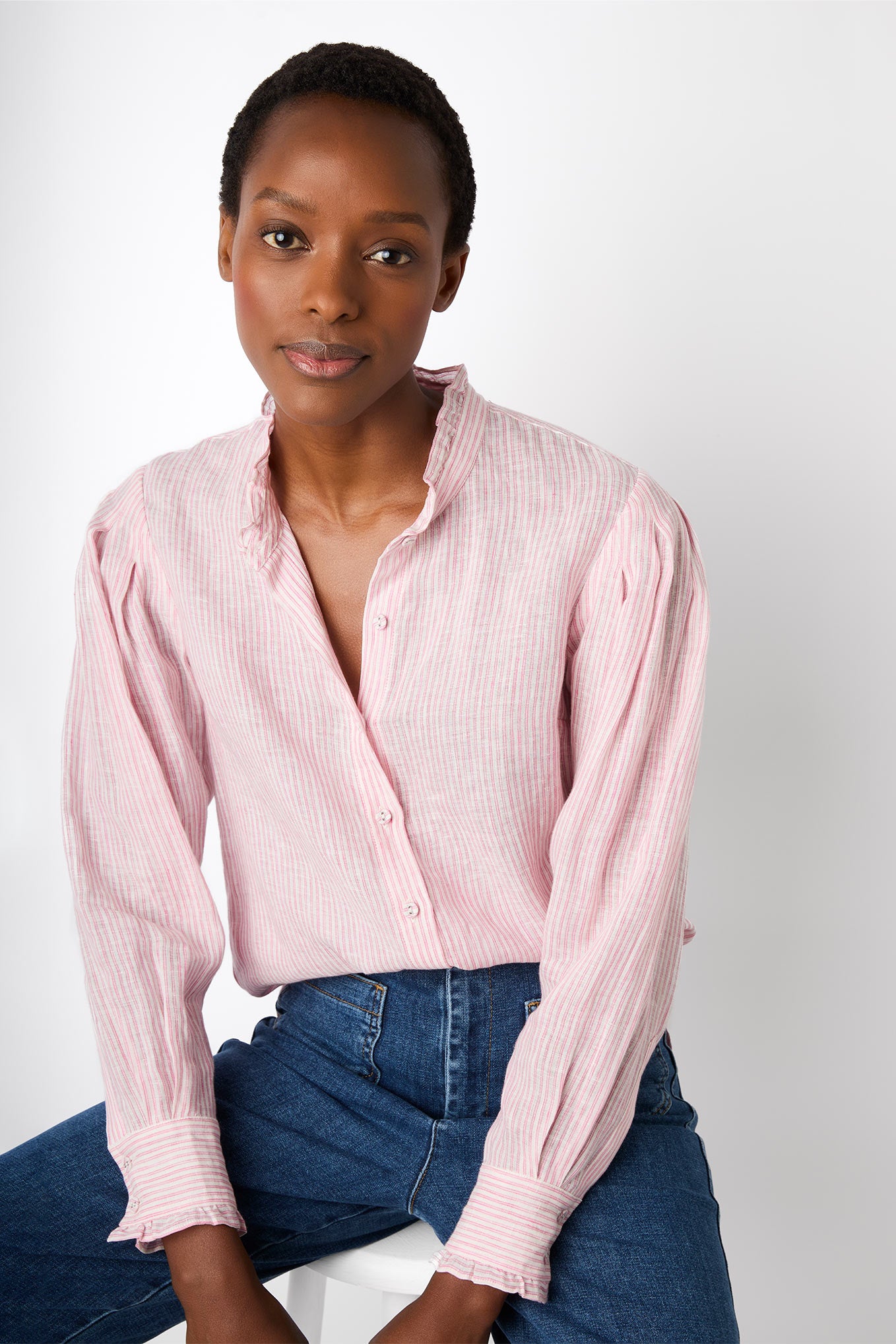 Paris Linen Stripe Frill Shirt - Pink/White