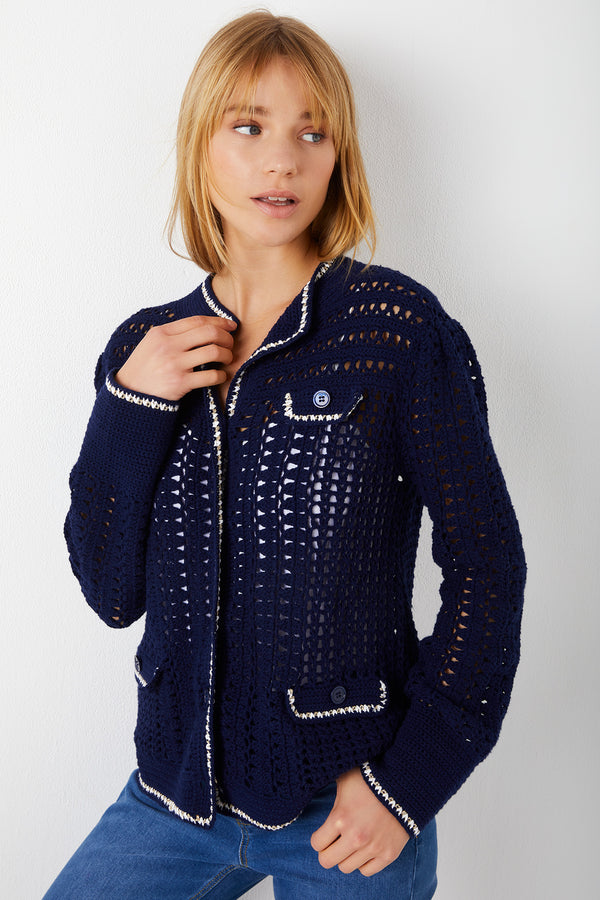 Paris Tipped Crochet Bomber - French Navy/Ivory/Gold — WYSE London