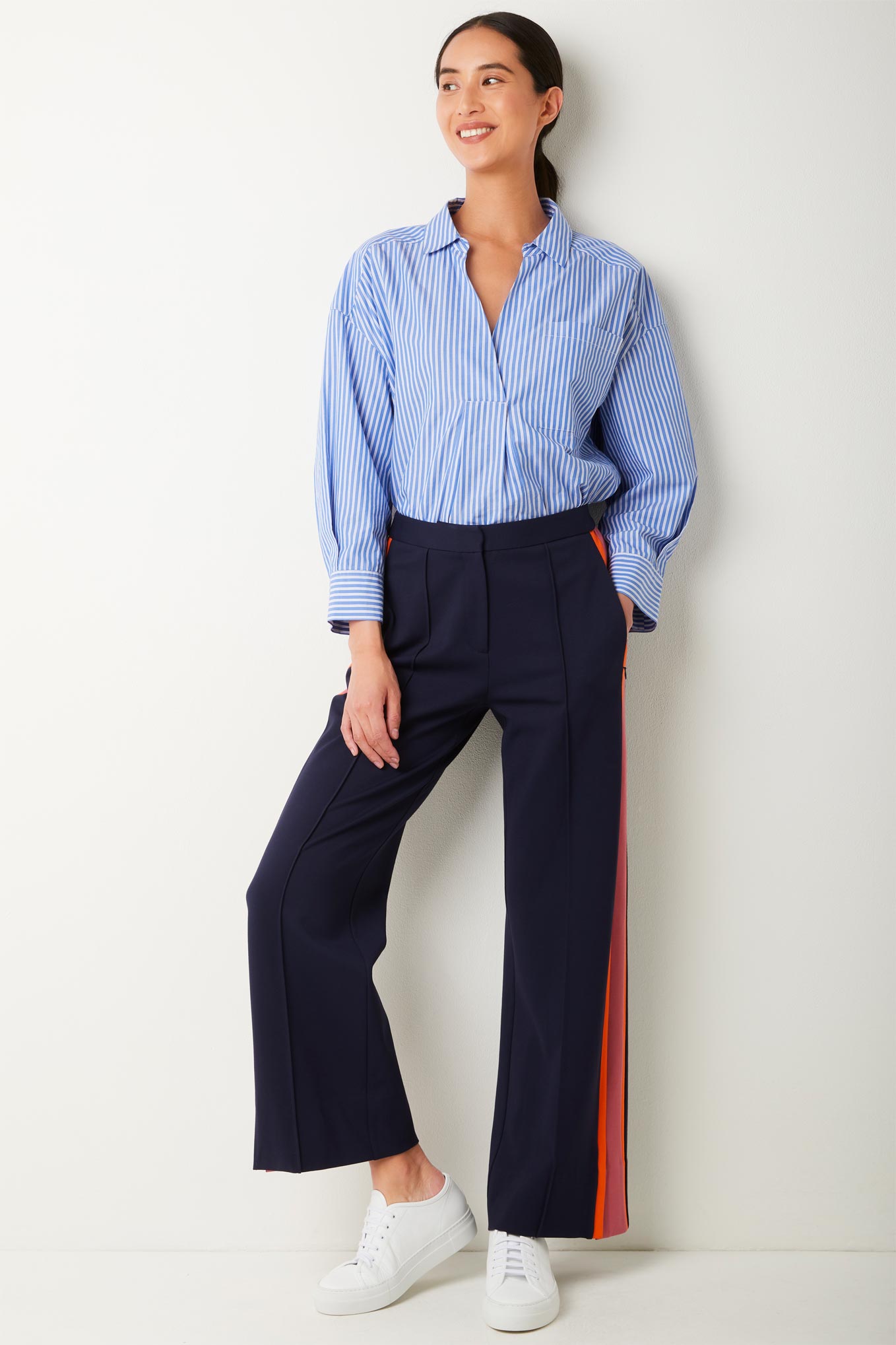 Navy Blue With Black And White Side Stripe Cropped Tailored Pants | ZED