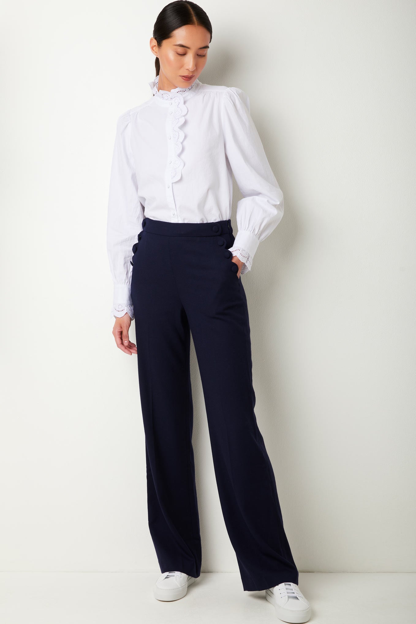 Sydney Scallop Edge Wide Leg Trouser - Navy - Longer Length – WYSE London