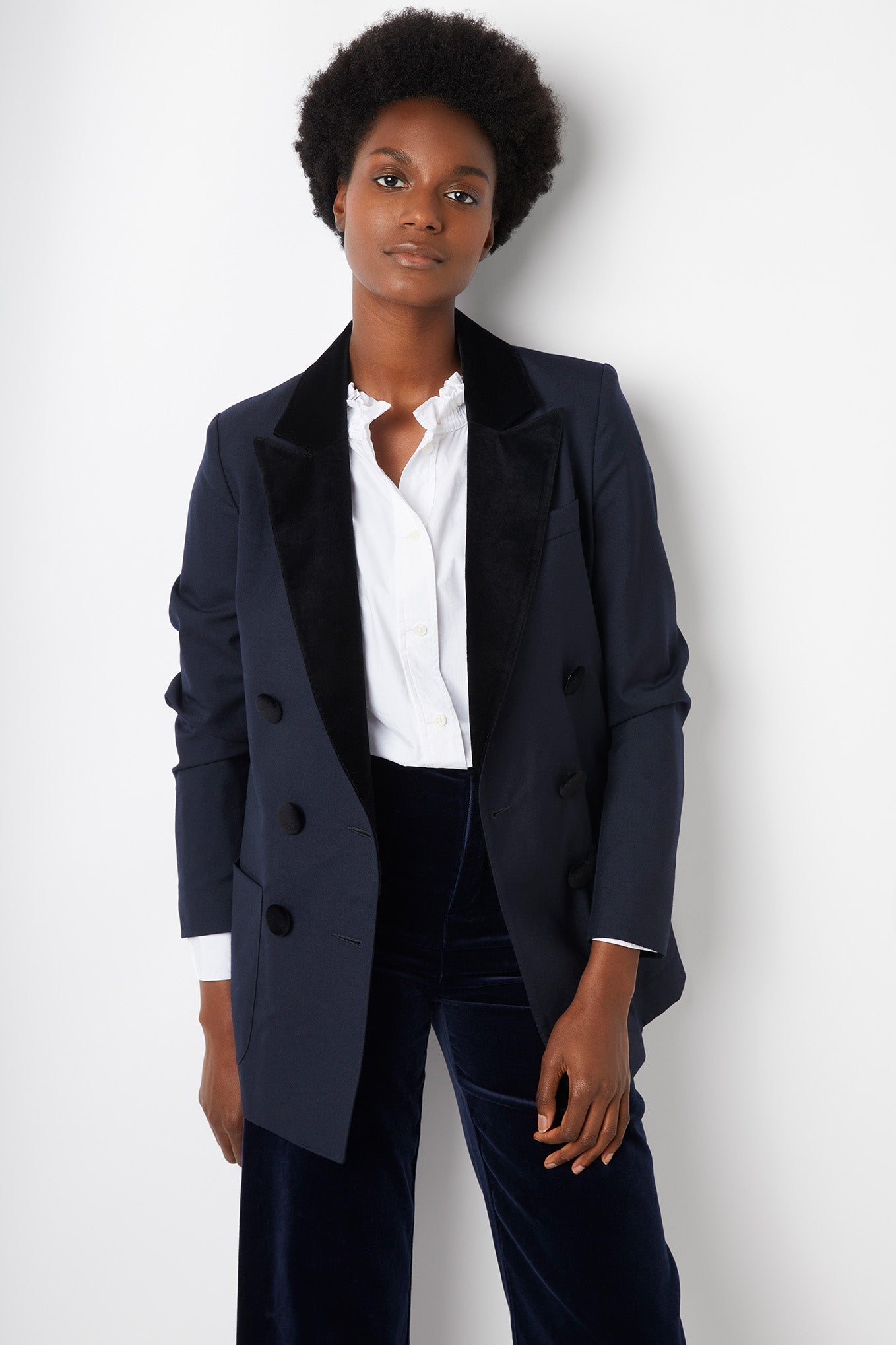 Verity Velvet Trim Double Breasted Tux Jacket - Midnight