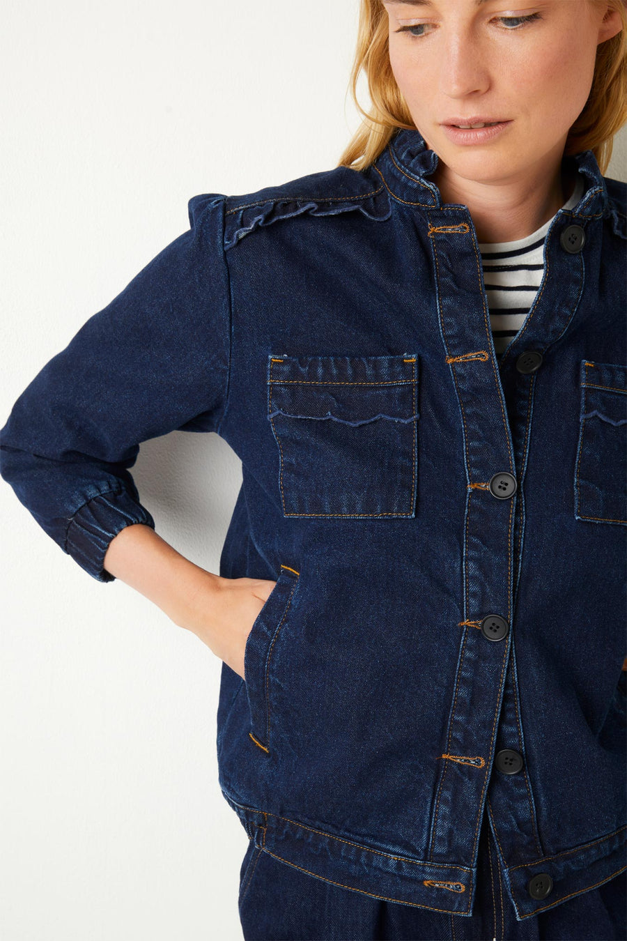 Zoe Scallop Denim Bomber Jacket - Rinse Wash