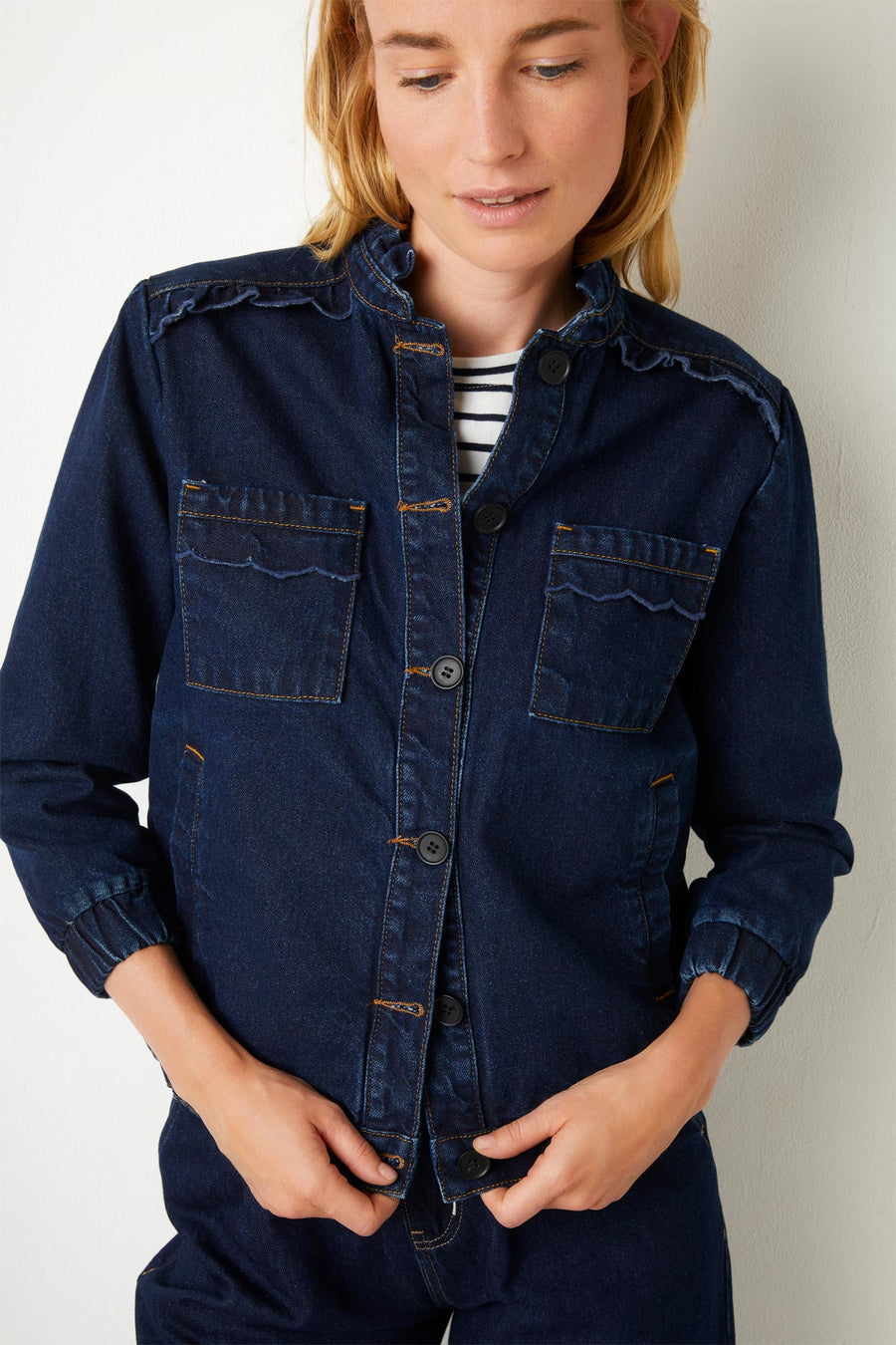 Zoe Scallop Denim Bomber Jacket - Rinse Wash