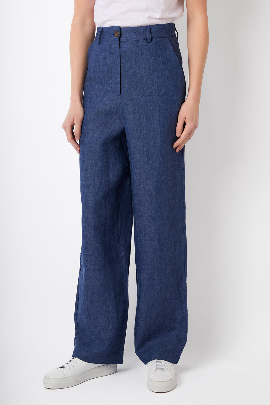 Alaina High Waisted Linen Trouser - Denim Blue