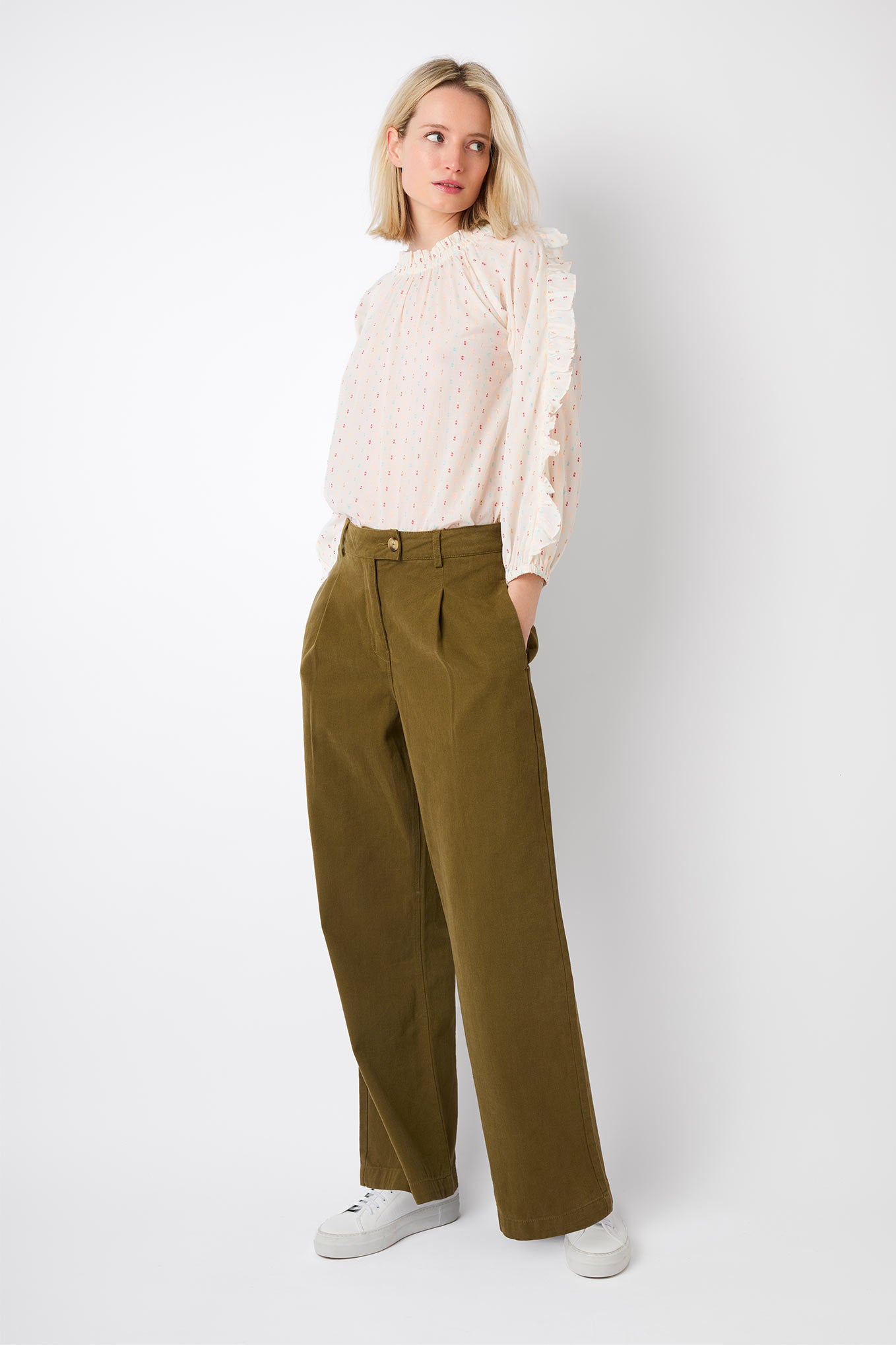 Callie Cotton Twill Wide Leg Trouser - Khaki