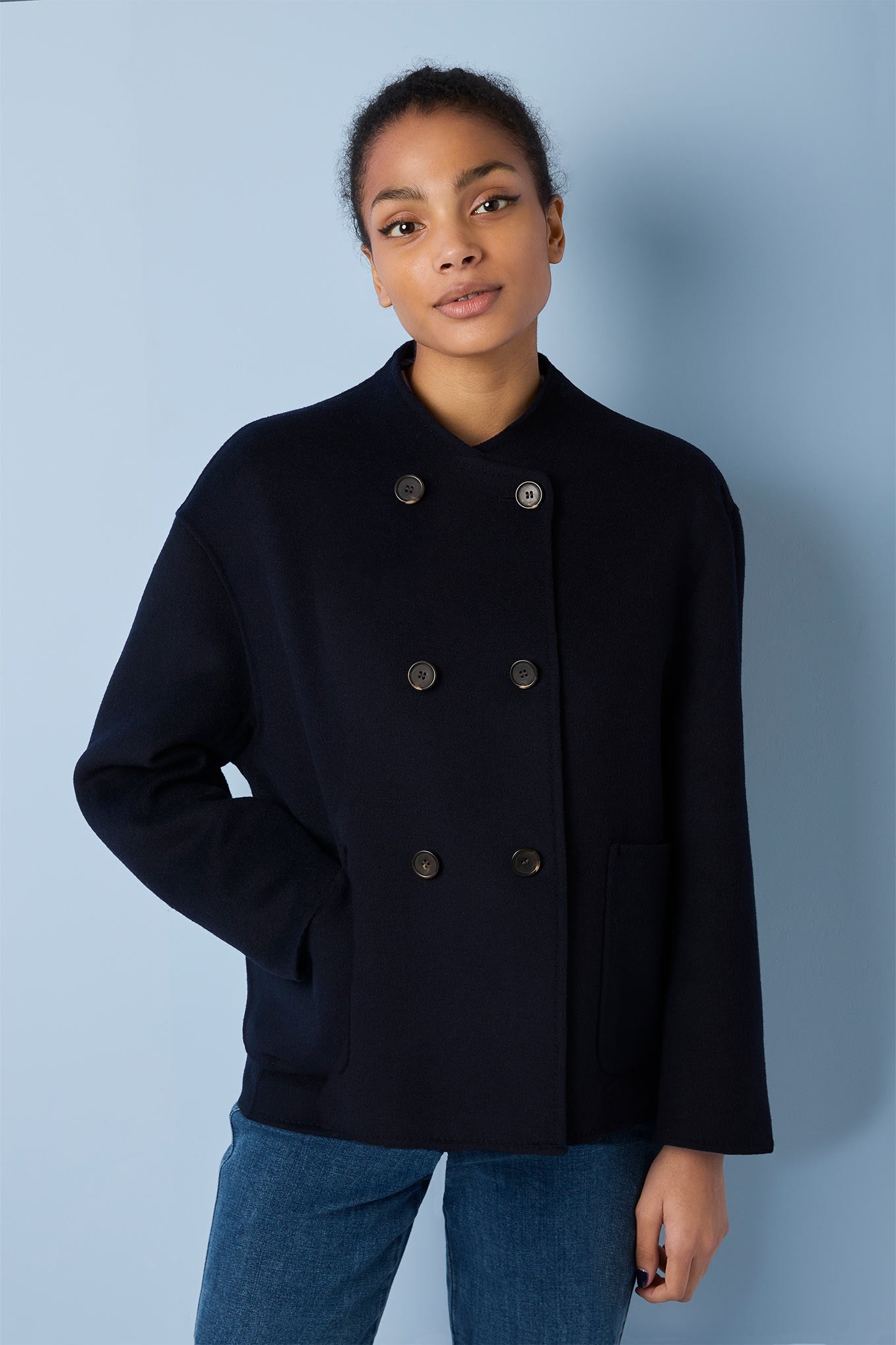 Caroline Short Double Breasted Wool Blend Jacket Navy WYSE London