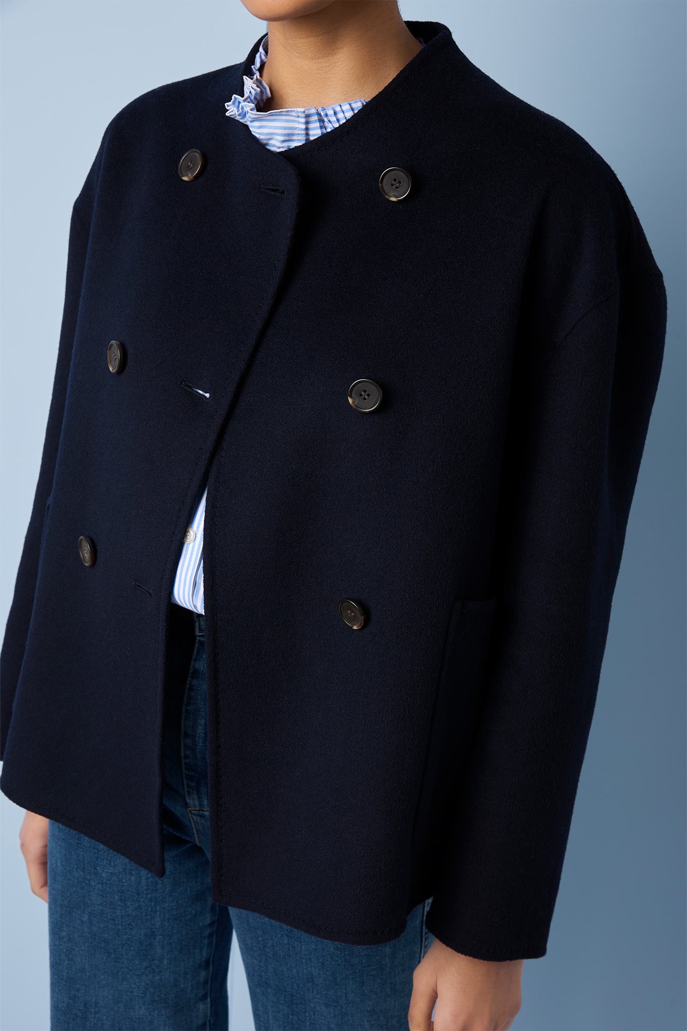 Caroline Short Double Breasted Wool Blend Jacket - Navy