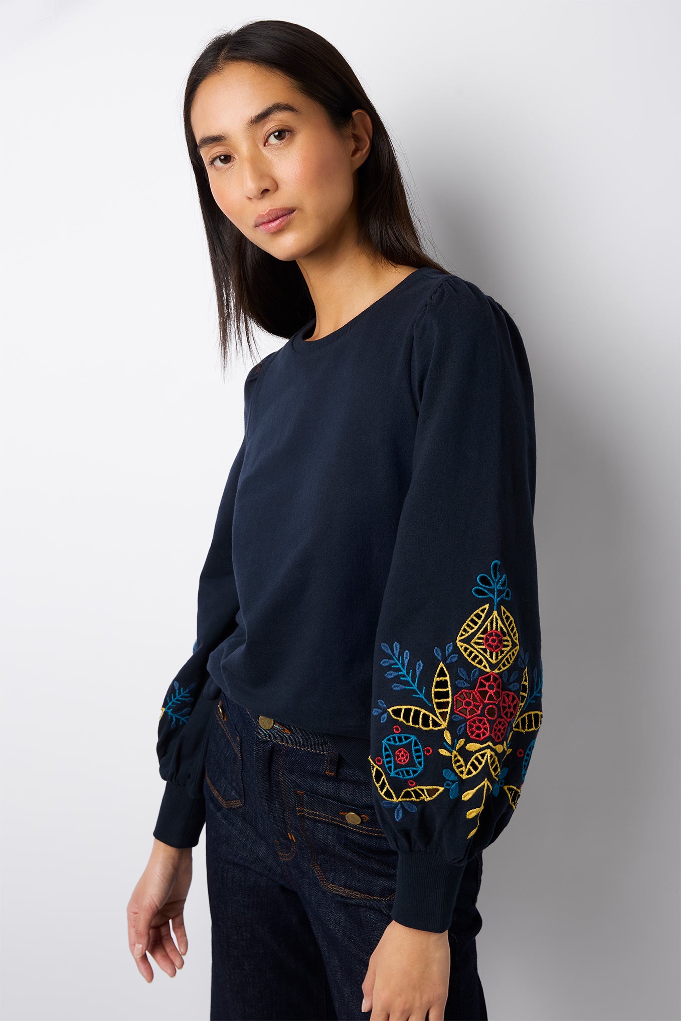 Cora Cutwork Embroidery Sweatshirt Navy WYSE London