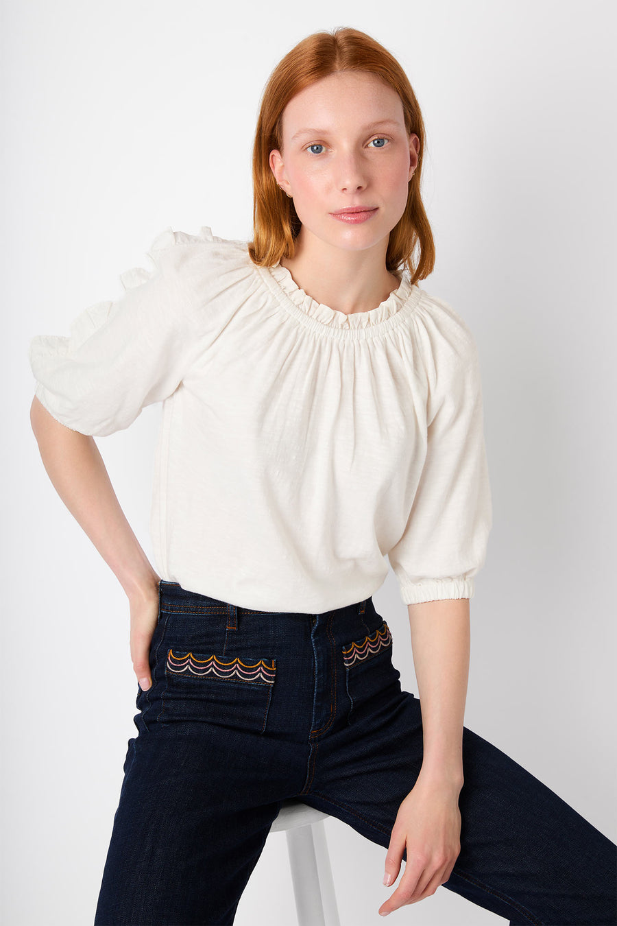 Josephina Woven Frill Jersey Top - Ivory