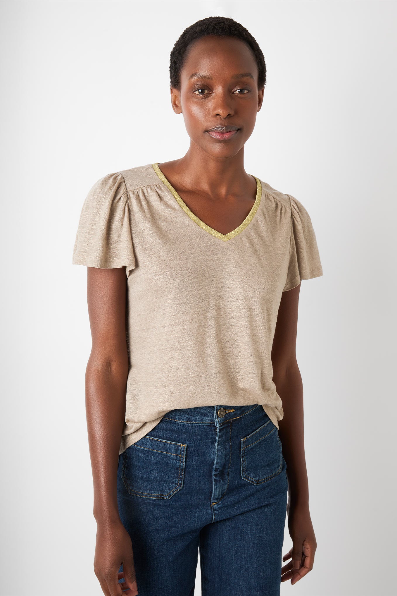 Lily Shimmer Trim Linen Tee- Oat