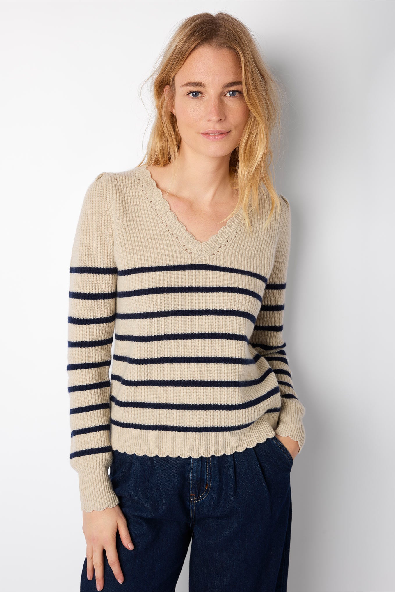 Ruby Ribbed Breton V Neck Jumper Oat Navy New Clothes Released